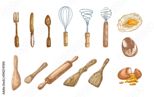 Hand drawn vintage kitchen utensils and eggs cooking set with fork knife spoon whisk rolling pin illustration