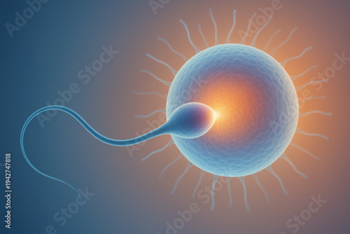 Science and biology illustration of fertilization, hopeful moment of conception. single sperm meets an egg or ovum, showing reproduction and creation of new life