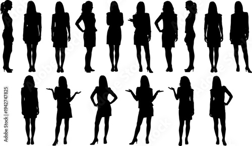 Woman silhouette set, diverse female poses collection, lady standing in different positions, fashion model outline, business woman vector illustration pack (Exactly 20 words)