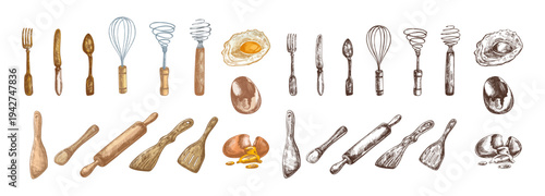 Hand drawn vintage kitchen utensils and eggs cooking set with colored and monochrome culinary illustration collection