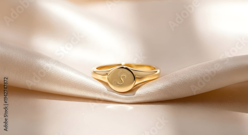 Elegant gold signet ring with initial 'S' on a luxurious beige silk fabric, perfect for jewelry e-commerce, fashion blogs, and upscale accessory promotions