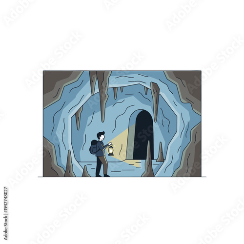Man with backpack holding lantern exploring dark cave entrance.