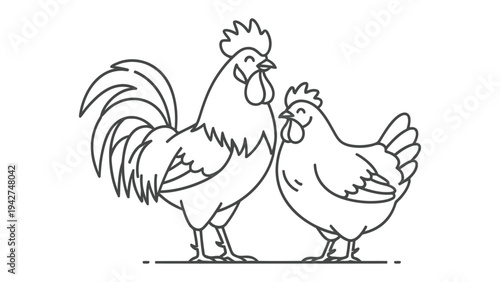 Farmyard Friends: An adorable illustration featuring a proud rooster and hen, depicted with simple, clean lines against a farm yard.