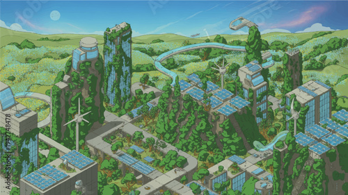 Sustainable cityscape with green architecture solar panels and wind turbines in a serene natural landscape with lush trees and a blue sky