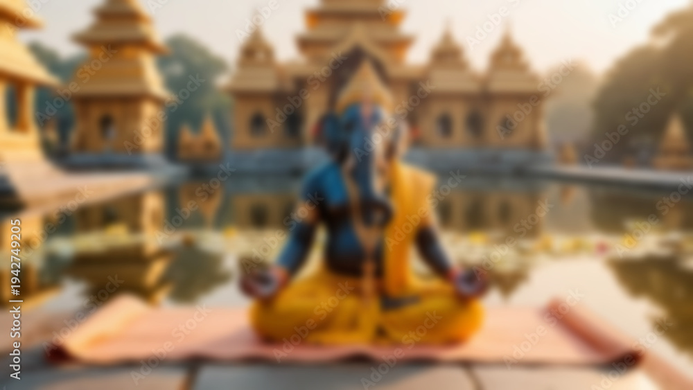 Fototapeta premium Blurred background of The elephant-headed god Ganesha performing Surya Namaskar in a calm and joyful yoga posture, adorned with golden jewelry and sacred cloth, peaceful temple garden with lotus.