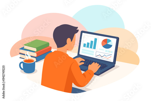 Man working on laptop with charts and graphs on screen.