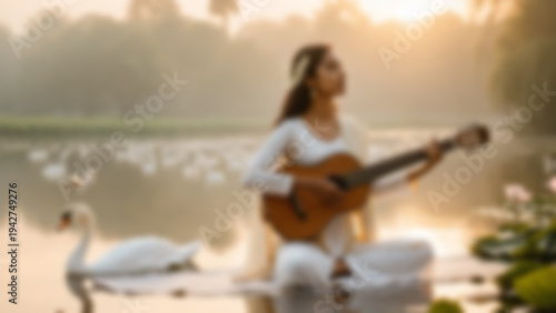 Blurred background of The goddess Saraswati performing Surya Namaskar with calm spiritual expression, wearing white garments and holding a veena resting nearby, sacred riverbank with swans.