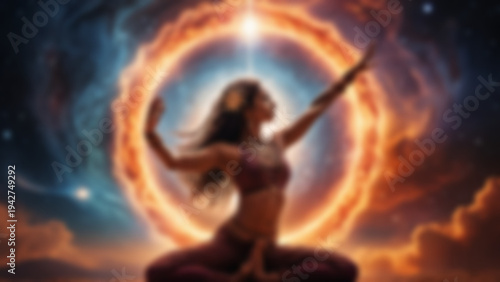 Blurred background of The cosmic dancer Shiva performing Surya Namaskar surrounded by a ring of cosmic fire energy, matted hair flowing with divine power, mystical cosmic background with stars.