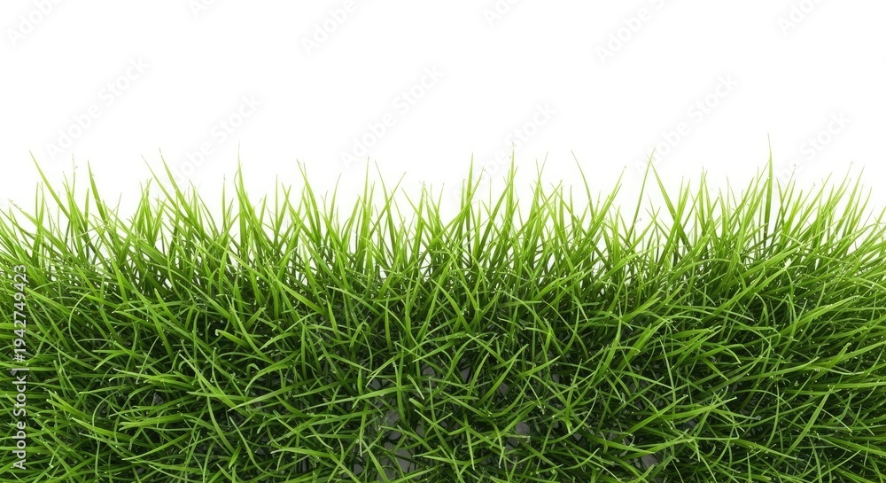Fototapeta premium A lush green artificial turf border sits atop a white surface. The grass blades are dense and textured, creating a natural-looking edge.