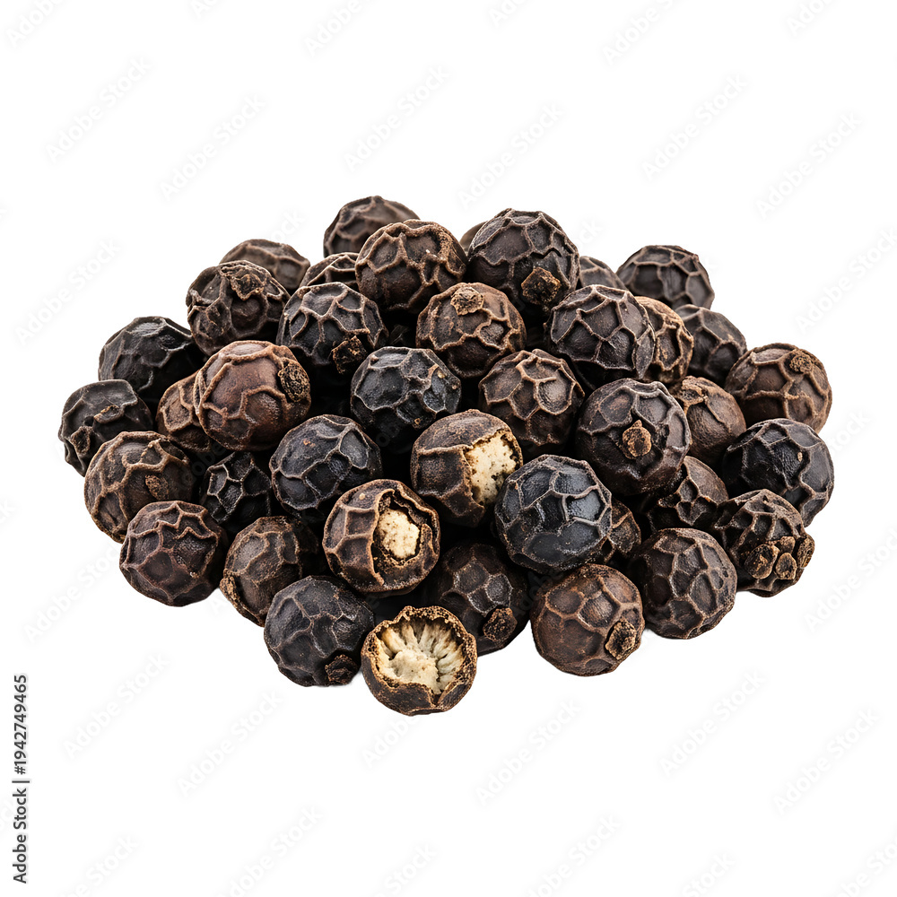 Obraz premium Pile of whole black peppercorns isolated on transparent background for cooking