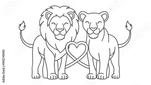 Lion Love: Depicting a tender moment, two majestic lions, a male and a female, stand together, their tails intertwining to form a heart, symbolizing their affection and bond.