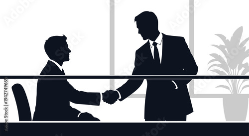 Two businessmen shaking hands in an office setting with a plant