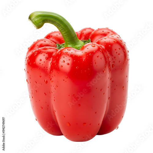 Shiny red bell pepper with water droplets isolated on a transparent background
