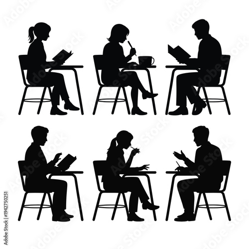 Students reading and writing at desks in classroom environment flat silhouette vector illustration