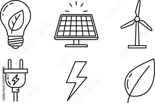 Set of icons representing renewable energy sources and electricity concepts