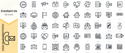 Simple Outline Set of Contact Us Icons. Thin Line Collection contains such Icons as bullhorn, calendar, call, chat, email and more