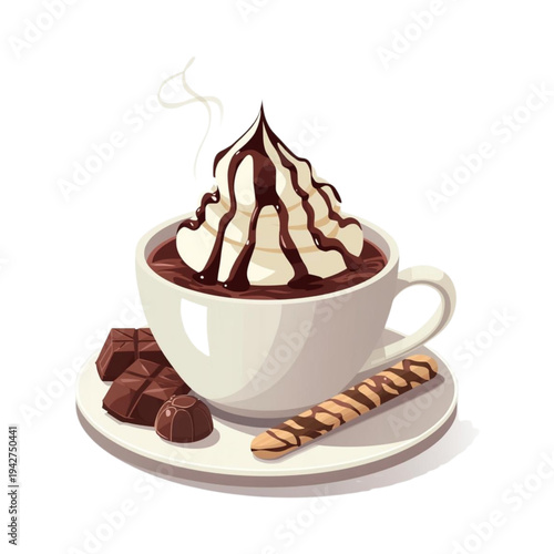 Illustration of Hot Chocolate Drink with Rolled Biscuits and Chocolate Bars