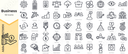 Simple Outline Set of Business Icons. Thin Line Collection contains such Icons as accounting, approved, balance, brainstorming, business case and more