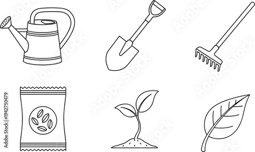 Gardening tools and plant growth icons for a healthy garden and sustainable agriculture