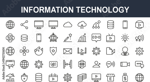 Information technology icons collection, cloud computing, data storage, cybersecurity, networking, analytics, communication, mobile devices, finance, digital transformation, innovation