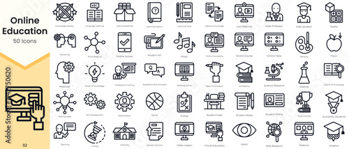Simple Outline Set of Online Education Icons. Thin Line Collection contains such Icons as adventure, assignment, astronomy, audio book, e learning and more