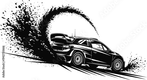 Black and white illustration of a car speeding on a road with a splash effect behind it on a white background
