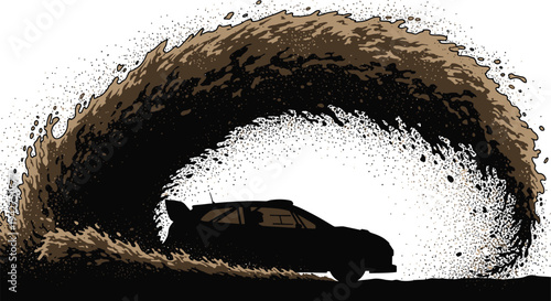A silhouette of a car kicking up a large cloud of mud on a white background