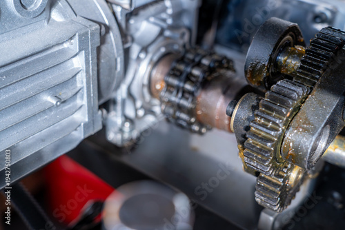 Tableau sur toile Macro of industrial lubricated gears and chain drive system in production machine