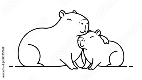 Capybara's Cuddle: Two capybaras embrace in a tender moment, a heartwarming illustration celebrating connection and companionship, depicted in a minimalistic and endearing style.