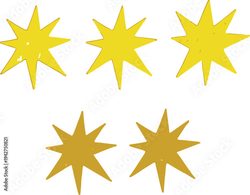 Five yellow eight-pointed stars in two rows, bright and golden shades, educational visual for counting, grouping, learning activities, pattern recognition, and design illustration