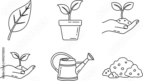 Gardening icons showing plant growth, watering can, and soil for cultivation