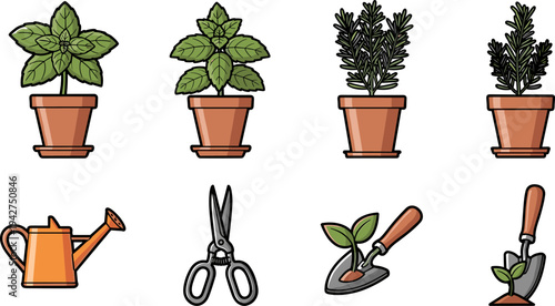 Collection of potted herbs and gardening tools in a flat design style