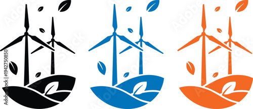 Flat vector icon set of wind turbines on hills with falling leaves in black blue and orange representing clean renewable energy and eco friendly power