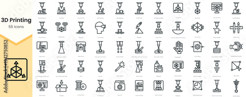 Simple Outline Set of 3D Printing Icons. Thin Line Collection contains such Icons as 3d architecture, 3d bridges, 3d scanner, laminated object manufacturing and more