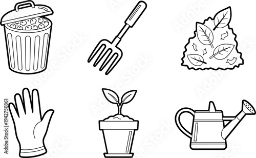 Collection of simple line art icons for gardening and yard work tasks