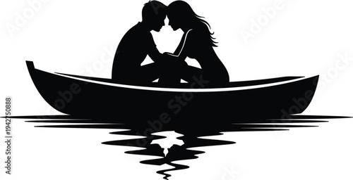 Romantic Couple Sitting in Boat Silhouette Illustration for Love, Dating, Relationship, Valentine, and Romantic Evening Lake Concept Design