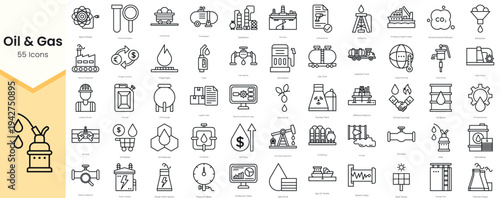 Simple Outline Set of Oil & Gas Icons. Thin Line Collection contains such Icons as atom power, chemical analysis, coal mining, compressor and more