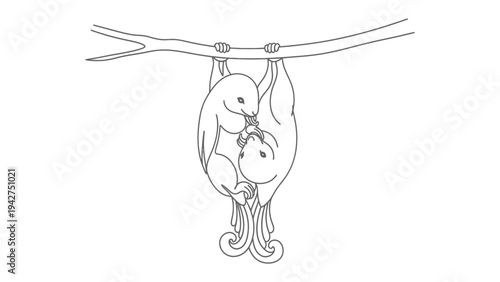 Tender Moment: Depicting a loving embrace between two small bats hanging upside down on a branch, it embodies love, connection, and the serene beauty of the natural world.