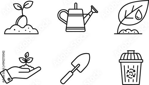 Gardening icons representing growth, watering, and recycling for a sustainable lifestyle