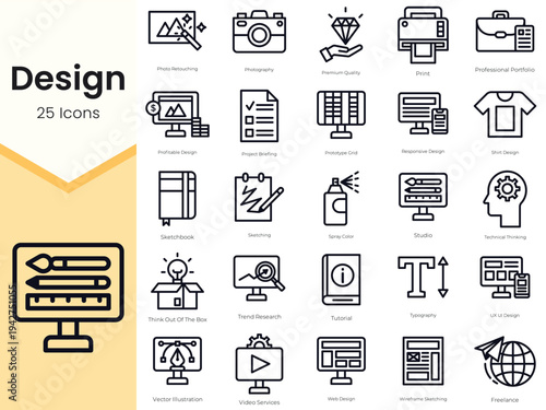 Simple Outline Set of Design Icons. Thin Line Collection contains such Icons as professional portfolio, profitable design, project briefing and more