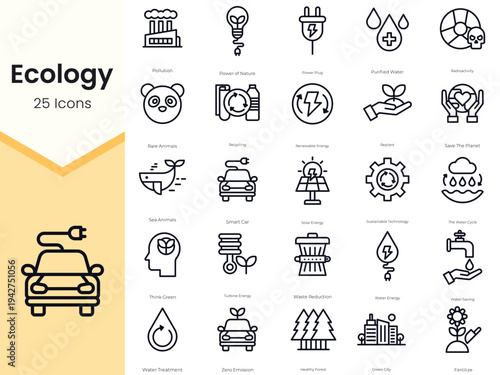 Simple Outline Set of Ecology Icons. Thin Line Collection contains such Icons as power plug, purified water, radioactivity, rare animals, recycling and more