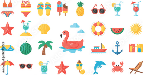 Summer Beach Icon Set with Swimwear, Drinks, Flamingo Float, Pineapple, Sunglasses, and Tropical Vacation Elements in Flat Vector Style