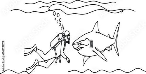 Scuba Diver and Shark Continuous Line Drawing Illustration for Underwater Adventure, Ocean Wildlife, Marine Exploration, and Extreme Sport Concept Design