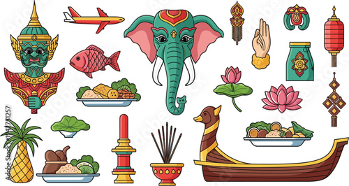 Thai Culture and Tradition Icon Set with Temple Guardian, Elephant Head, Lotus, Offerings, Long Boat, and Decorative Symbols in Flat Vector Style