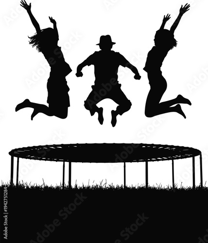 Friends jumping together on trampoline silhouette expressing joy freedom and energy outdoor fun youth friendship summer leisure activity isolated black vector illustration
