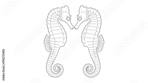 Seahorse Connection: Two elegant seahorses, mirroring each other in an embrace, their delicate forms and intricate details standing out, evokes a sense of tranquility and a deep bond.