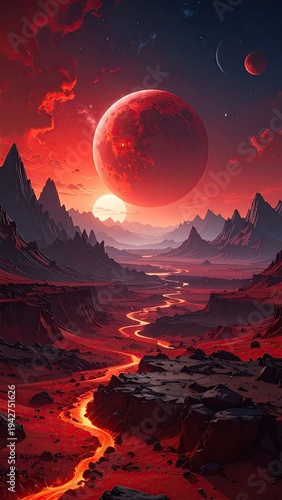 Alien landscape with moons, river, mountains, and red atmosphere