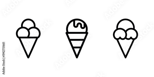 Black outline ice cream cone icon set for food menus