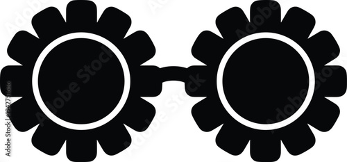 Black silhouette of steampunk mechanical gear sunglasses with industrial cogwheel frames isolated on white background for creative design elements, fashion icons and engineering concepts.