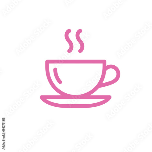 Pink outline icon of a hot coffee cup, steam, and saucer